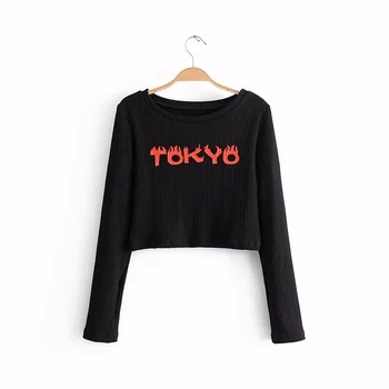 TOKYO Roșu Scrisoarea Imprimate Femei O-gât Casual de Primavara Maneca Lunga Top T-shirt Scurt Lungime de Cultură Femei de Primăvară Crio Top Tee