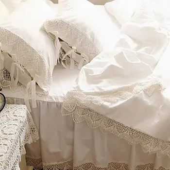 Top Romantic set de lenjerie de pat elegant la nivel European satin alb carpetă acopere Croșetat Dantelă cuvertura de pat bumbac nunta lenjerie de pat bedskirt