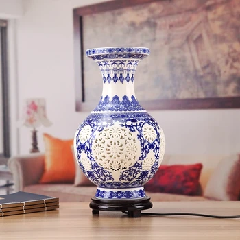 Transport gratuit Antic Chinez de Vază, Lampă de Birou Albastru și Alb Ceramic Lampă de Masă