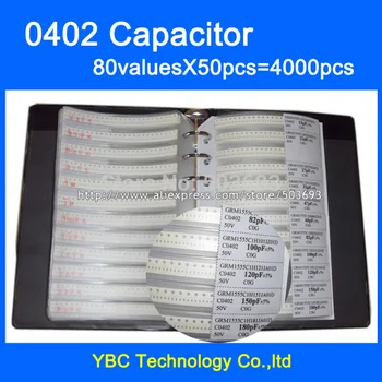 Transport gratuit SMD 0402 Condensator Eșantion de Carte 80valuesX50pcs=4000pcs 0.5 PF~Condensator 1UF Sortiment Kit Pack