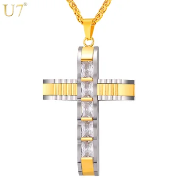 U7 Mare Cruce Colier si Pandantiv Două-ton de Aur din Oțel Inoxidabil de Culoare Cubic Zirconia Creștin Bijuterii Pentru Barbati/Femei Cadou P1089