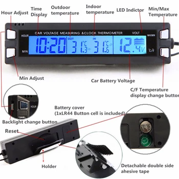 Universal 12V/24V Rosu/Portocaliu Iluminare din spate Auto Digital Display LCD cu Ceas,Termometru interior/exterior,Tensiune Contorul Bateriei Monitor