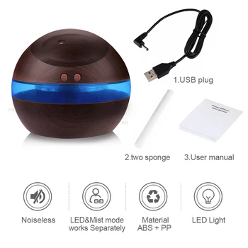 USB Umidificator cu Ultrasunete, 300 ml Aroma Difuzorul Ulei Esențial Difuzor Aromaterapie Filtru de Ceață Cu LED Albastru (Lemn de culoare închisă)
