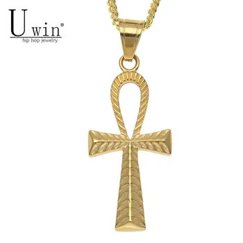 UWIN din Oțel Inoxidabil Ankh, Crucea Pandantiv Pentru Barbati Hip hop Stil de Culoare de Aur Egiptean Cheie din Viața Pandantiv Colier cu Lanț de Bijuterii