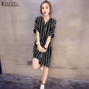 Vestidos 2018 ZANZEA Femei Vintage, cu Dungi de Imprimare V Gât Rochie Mini cu Maneci Scurte Liber Casual Bluza Lunga Camasi Plus Dimensiune Topuri