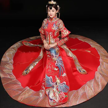 Vintage Red Rochie de Mireasa se casatoreste cu Vechi brodate phoenix palatul regal costum Tradițional de Femei din China, Nunta Cheongsam