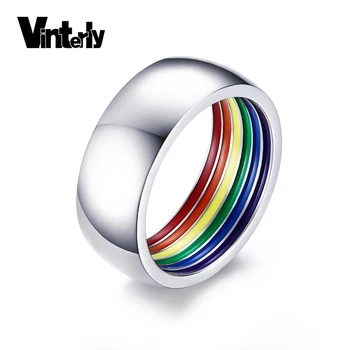 Vinterly Moda 8mm Email Interior de Culoare Curcubeu Inele din Oțel Inoxidabil LGBT Inele de Nunta pentru Femei Barbati