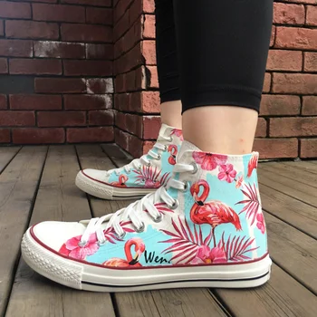 Wen Pictată De Mână Și Pantofi De Skateboarding Design Fluorescent Pink Flamingo Frunze De Palmier, Flori Panza Mare De Top Adidași Cadouri Unice