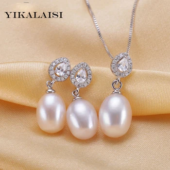 YIKALAISI 2017 Natural Pearl Set de Bijuterii de argint 925 seturi de bijuterii Cercei si Pandantiv Bijuterii din Perle pentru Femei