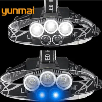 Yunmai Albastru&Alb Lumina Farurilor 15000 LM rezistent la apa 5 LED Far 3*XML-T6+2*Q5 Cap Lanterna USB Reîncărcabilă Pește Felinar