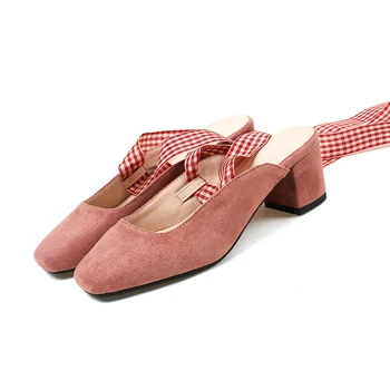 ZawsThia 2018 vara noi indesata pătrat tocuri inalte fete diapozitive papuci femeie catâri cu curea glezna panglică femei sandale pantofi