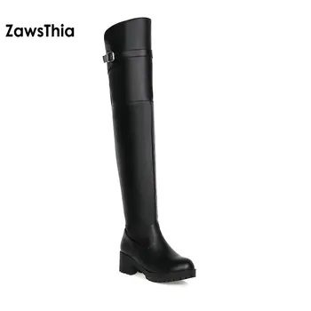 ZawsThia rotund toe echitatie ecvestru PU pantofi de damă cu cataramă albă cizme pentru femei cu toc mic genunchi-cizme înalte de mari dimensiuni 40 41