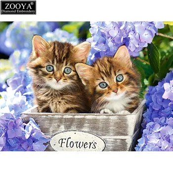 ZOOYA 5D DIY Diamant Broderie două pisici în floare Diamond Pictura Cruce Cusatura complet Stras Pătrat de Mozaic decor acasă
