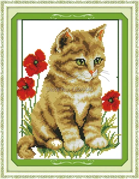 Și pisica poppy,Model imprimat pe panza DMC 11CT 14CT cruciulițe kituri,lucru manual Set de broderie,de animale și grădină de flori sălbatice