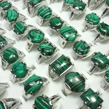 15buc Toată Bijuterii Vrac se Amestecă o Mulțime de Verde Malachit, Piatra Placat cu Argint Inel Pentru Femei Barbati Moda Bijuterii Transport Gratuit LR524