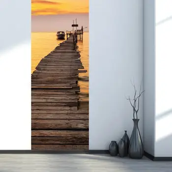 2 buc 3D Mare Apus de soare Pier Model Usa Autocolante de Perete Cu Adeziv Impermeabil din PVC Decor Acasă Poster