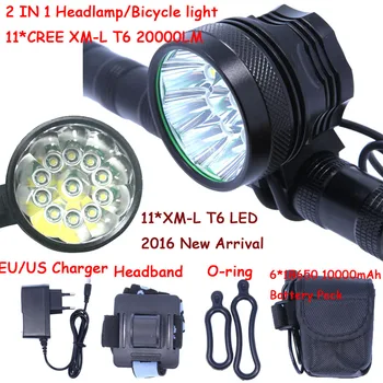 2 în 1 Far Far 20000 Lumeni 11 x Cree XML T6 LED Biciclete Lumina Ciclism Biciclete Lampa de Cap + 18650 Acumulator+Incarcator