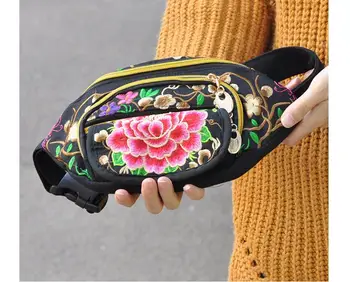 2016 Femei pungi de Talie!Noua Epocă Etnice broderie broderie sac de panza Florale pachete de talie călător portabil geantă de umăr