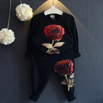 2016 Toamna Stil de Moda Fete Seturi de Îmbrăcăminte de Sport purta Maneca Lunga Trandafiri Florale Brodate cu Paiete, Îmbrăcăminte pentru Copii Seturi
