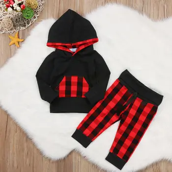 2017 Crăciun Nou-născut Copil Fată Băiat Hoodies Topuri tricou Pantaloni Lungi Tinutele Set Toddler Rosu Negru Ecosez Îmbrăcăminte
