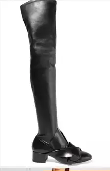 2017 moda pentru femei peste genunchi cizme înalte tocuri joase jambiere negre cizme din piele femei pantofi rochie papion botas mujer coapsei mare