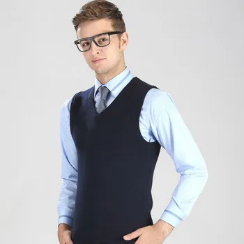 2017 Nou 35%Wool V-Neck Bărbați fără mâneci tricotate Vesta casual Business cald pulovere Barbati Grey-Negru