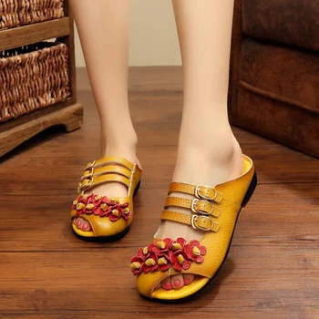 2017 vara femei pantofi plat slide-uri de sandale cu platforma din piele handmade flori acoperă degetele de la picioare comfotable femei slide-uri k65