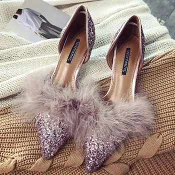 2018 Designer Bling Doamnelor Pantofi De Brand De Lux A Subliniat Toe Pantofi Pentru Femeie Blană De Înaltă Tocuri Pompe Zapatos Mujer Tacon Valentine Pantofi