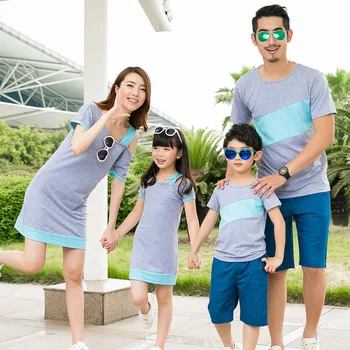 2018 Mama și fiica dress familie de potrivire haine cuplu haine înclinat umăr rochie boys T-shirt mama și tatăl copilului
