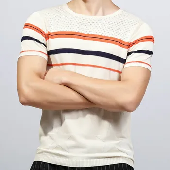 2018 Mascul Nou T-shirt O de gât tricotate de vara scurte cu dungi Rece respirabil scurte T shirt pentru bărbați îmbrăcăminte de brand om Silm montate