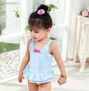 2018 noi modele copil fete de costume de baie copil costume de baie o piesă mică, albastră, cu flori mici roz de imprimare și drăguț arc sw0824