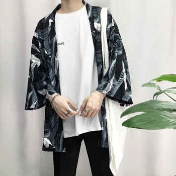 2018 nou stil japonez barbati maneca trei sferturi bumbac și lenjerie de streetwear kimono Hip Hop Casual Sacou Îmbrăcăminte exterioară