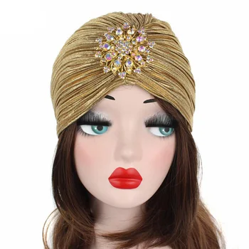 2018 Nouă Femei De Lux Diamant Turban Pălărie Metalic Stralucitor Zburli Turban Folie Cap Dom Capace Căciuli India Capace Chimio Capace