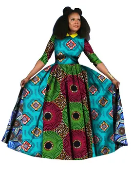 2018 Rochie de vara Dashiki Batik Print African rochii pentru femei Mâneci Lungi din Bumbac Guler de turn-down Rochie Plus Dimensiune WY842