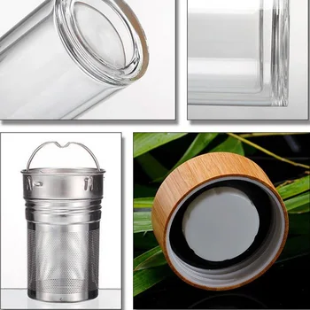 25pcs/lot livrare Gratuita en-Gros de 400ml de Bambus capac Dublu cu Pereți de sticlă pahar de ceai. Include filtru și infuser coș