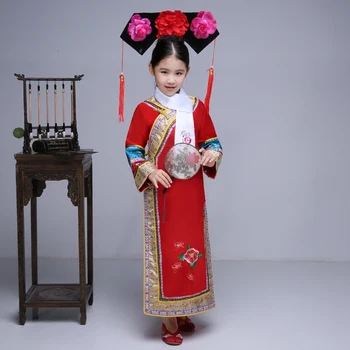 3 Buc Caciula + Fular + Costum Qing Costum Chinezesc Manchu Tradițional Rochie de Printesa cu Pălărie pentru Fete