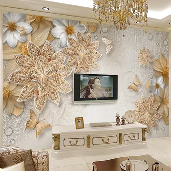 3D de Lux, Bijuterii de Aur Fluture Flori Tapet Mural Hotel, Cameră de zi cu TV, Canapea Fondul European de Stil Tapet Relief