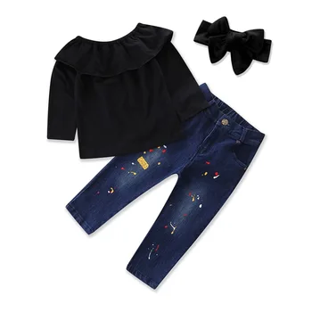 3Piece/Primavara Toamna Haine Copii Fete de tip Boutique de Haine de Moda Negru T-shirt+Copii Blugi+Bandă de Îmbrăcăminte pentru Copii Seturi BC1608