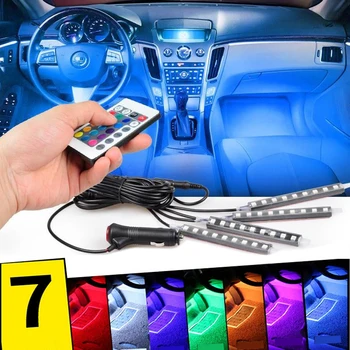 4buc 9LED Mașină de Benzi cu LED-uri de Lumină,Multicolor Auto Lumini de Interior Impermeabil Kit cu Sunet Activă Funcția fără Fir Control de la Distanță