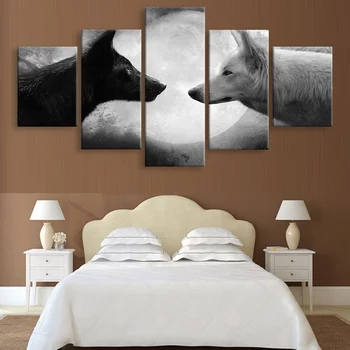 5 bucăți de hd lunii peisaj Lupul poster de imprimare alb-negru animal home decor pictura