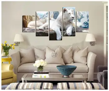 5 Panou de Perete Imaginile pentru Camera de zi Imprimare Panza de Pictura Leu Alb Animale Pictura in Ulei pe Panza Fara rama Înaltă Calitate