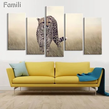 5 Panoul De Pășuni Leopard Ghepard Animale Sălbatice Artă Modernă Natura Poza Pentru Decor Acasă, Mătase, Tesatura De Panza De Imprimare Poster