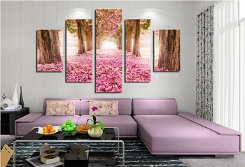 5 Panouri de culoare Roz Floare de Cires Copaci Flori Căzut Adânc Drum Lung Drumul Imagine de Imprimare Perete Panza Pictura personalizate și picătură navă