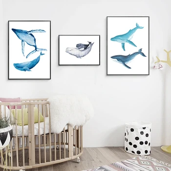 Acuarelă Balenă, Delfin Pictura De Perete De Arta De Imprimare Imagini, Pictate Manual Balena Panza Pictura Poster Art Decor Baie