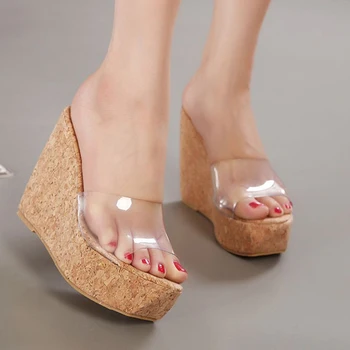 AIYKAZYSDL Sexy Femei de Vară Clar Transparent Pene Platforma Sandale Ultra Tocuri Înalte Împădurite Catâr Silde Pantofi în aer liber Liane