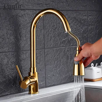 Alamă bucătărie Nichel/aur/negru/chrome rece și apă caldă de la robinet chiuveta de bucatarie robinete, robinet mixer cu trage în jos cap de duș