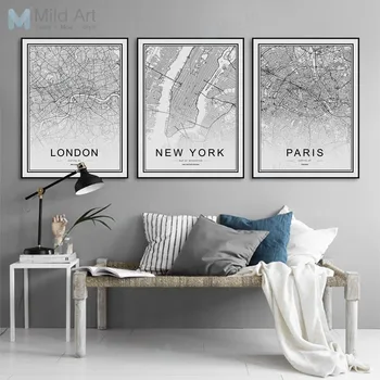 Alb Negru Lumii Harta Orașului Poster Nordic Living Londra, New York, Paris, Arta De Perete Poze Decor Acasă Pictura Panza Fara Rama