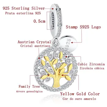Autentic 925 Sterling Silver Charm de Culoare de Aur de Familie Copac Farmecul Margele se Potrivesc Original BW Bratara Pandantiv de Lux Bijuterii DIY