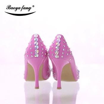 BaoYaFang culoare roz femei vara sandale subliniat toe glezna curea de cristal nunta pantofi Mireasa toc subțire rochie de petrecere pantof