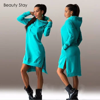 BeautyStay 2017 Primavara Cu Gluga Casual Pentru Femei Rochie Din Bumbac O Gatului Maneca Lunga Petrecere Pulover Moda Plus Dimensiune Fata De Agrement Bluze